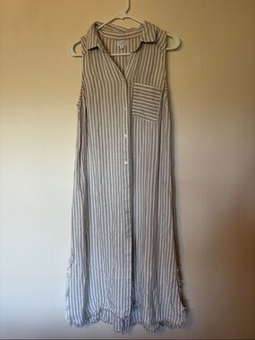 Mud Pie Beige and White Striped Sleeveless Button Maxi Dress
